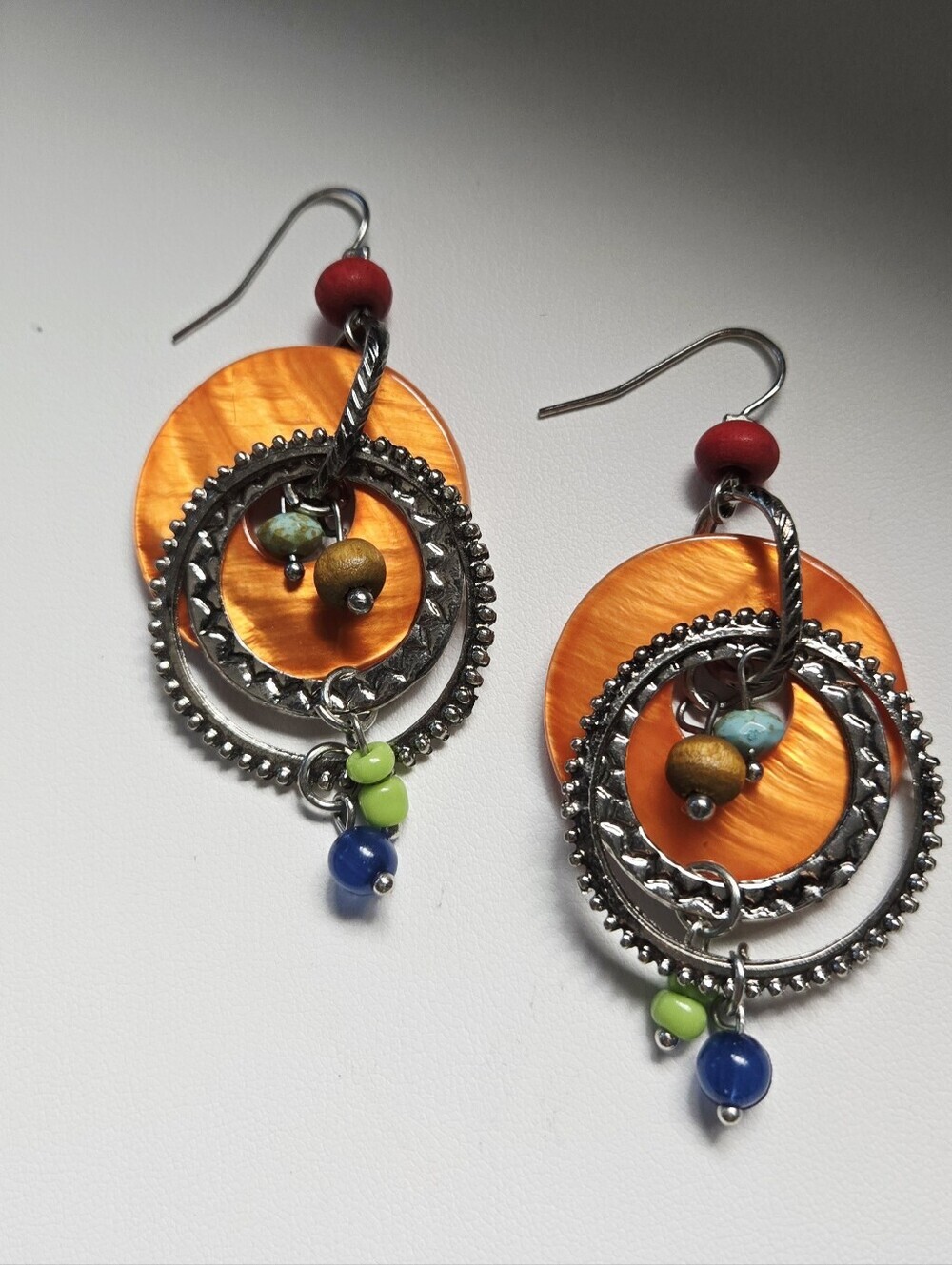 Artisan Orange and Multicolor Bead Dangle Hoop Earrings